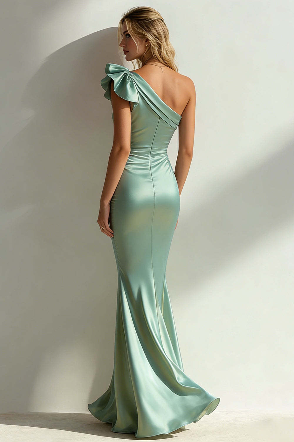 Sage Green One Shoulder Mermaid Maxi Bridesmaid Dress with Ruffles