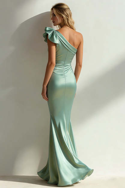Sage Green One Shoulder Mermaid Maxi Bridesmaid Dress with Ruffles