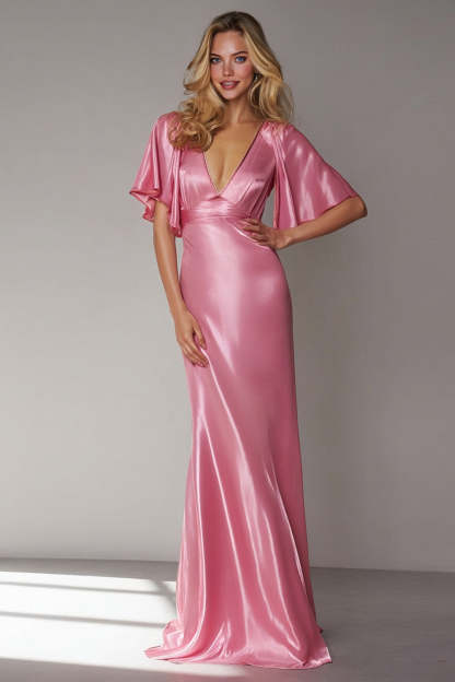 Leely Women Pink Maxi Bridesmaid Dress with Sleeves V-Neck Backless Wedding Guest Dress