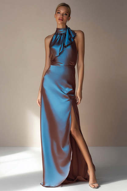 Leely Women Electric Blue Long Wedding Guest Dress with Slit High Neck Backless Formal Dress