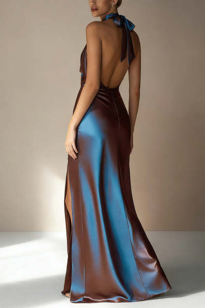 Electric Blue High Neck Long Wedding Guest Dress with Slit