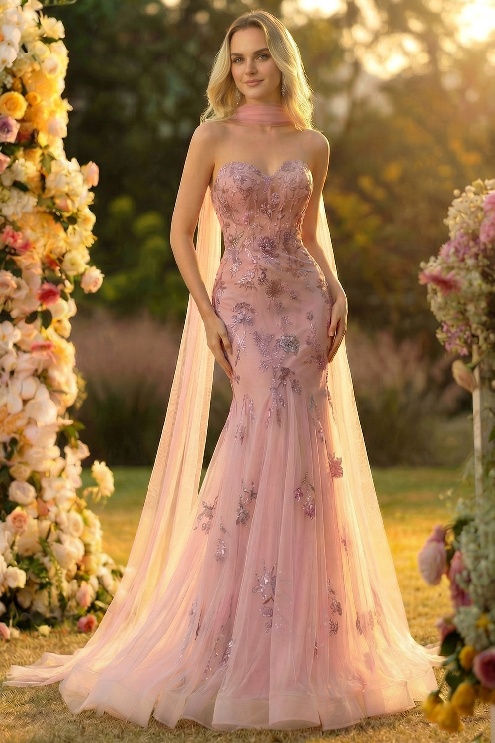 Floral Blush Mermaid Sweetheart Maxi Prom Dress with Cape