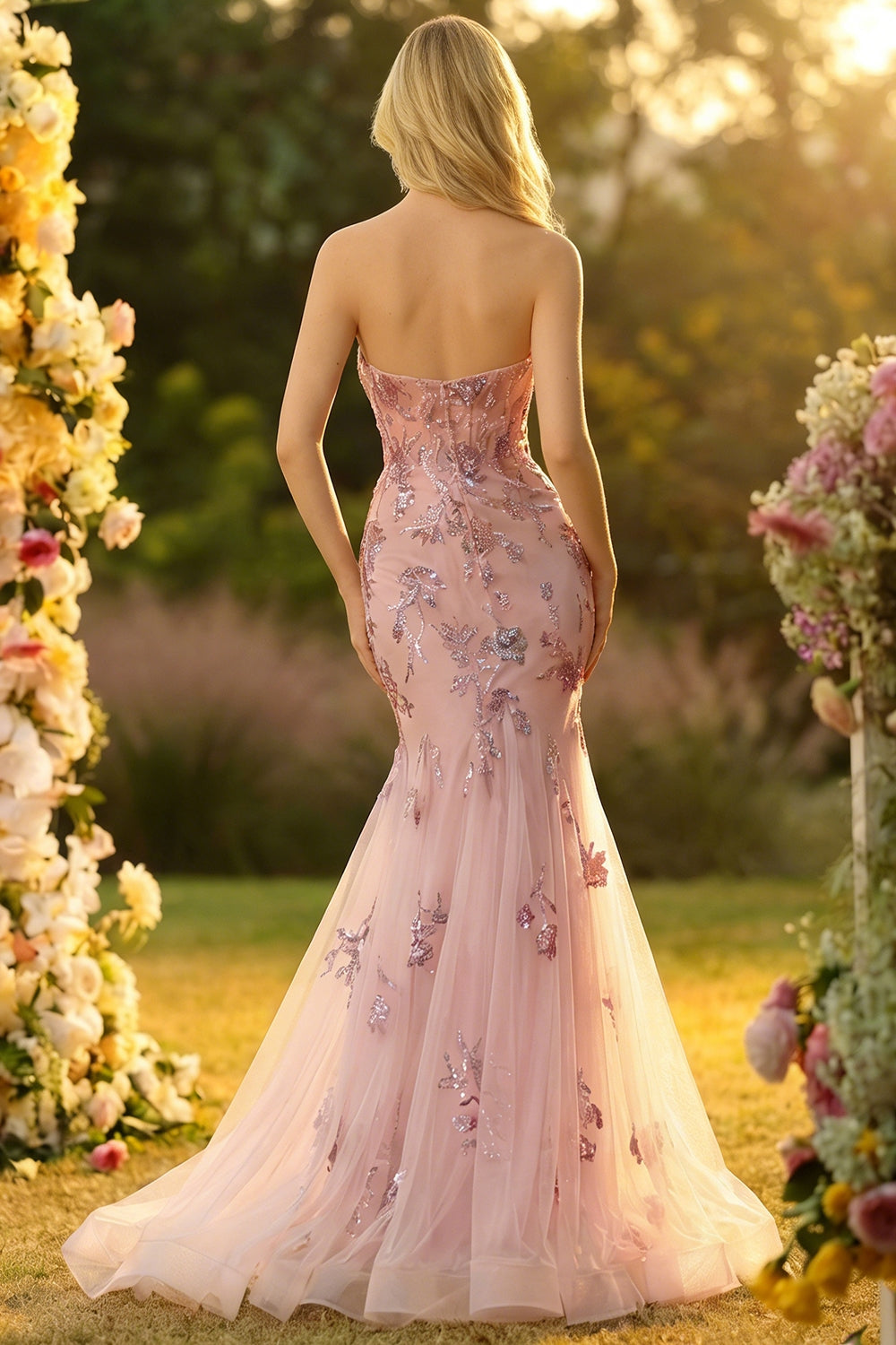 Floral Blush Mermaid Sweetheart Maxi Prom Dress with Cape