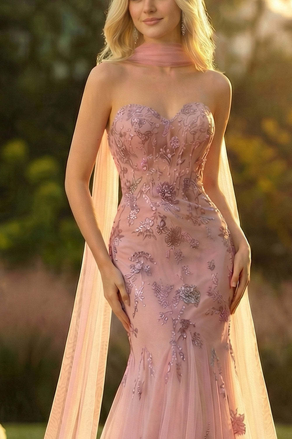 Floral Blush Mermaid Sweetheart Maxi Prom Dress with Cape