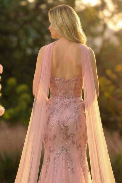 Floral Blush Mermaid Sweetheart Maxi Prom Dress with Cape