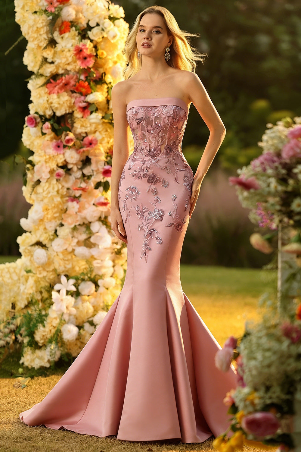 Floral Blush Mermaid Strapless Sparkly Maxi Corset Prom Dress with Sequins