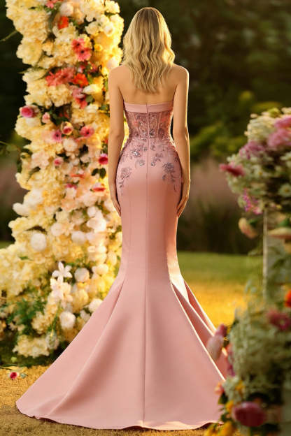 Floral Blush Mermaid Strapless Sparkly Maxi Corset Prom Dress with Sequins