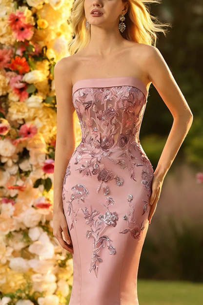 Floral Blush Mermaid Strapless Sparkly Maxi Corset Prom Dress with Sequins