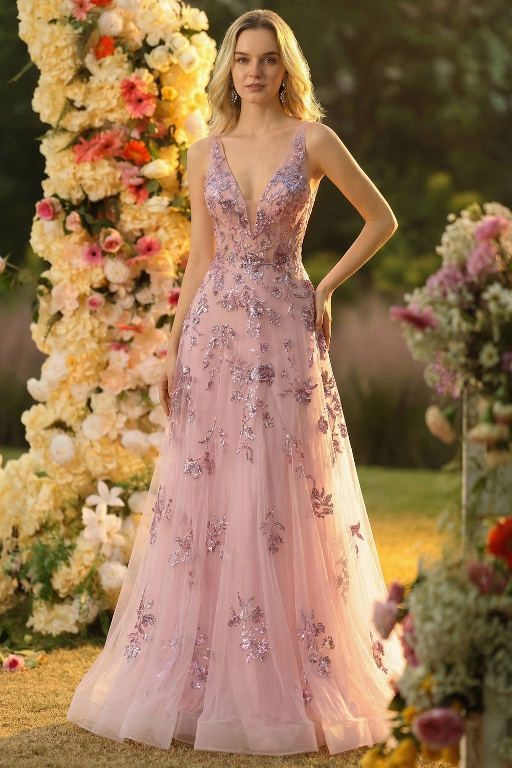 Sparkly Floral Blush Ball Gown Tulle V-Neck Long Prom Dress with Bow