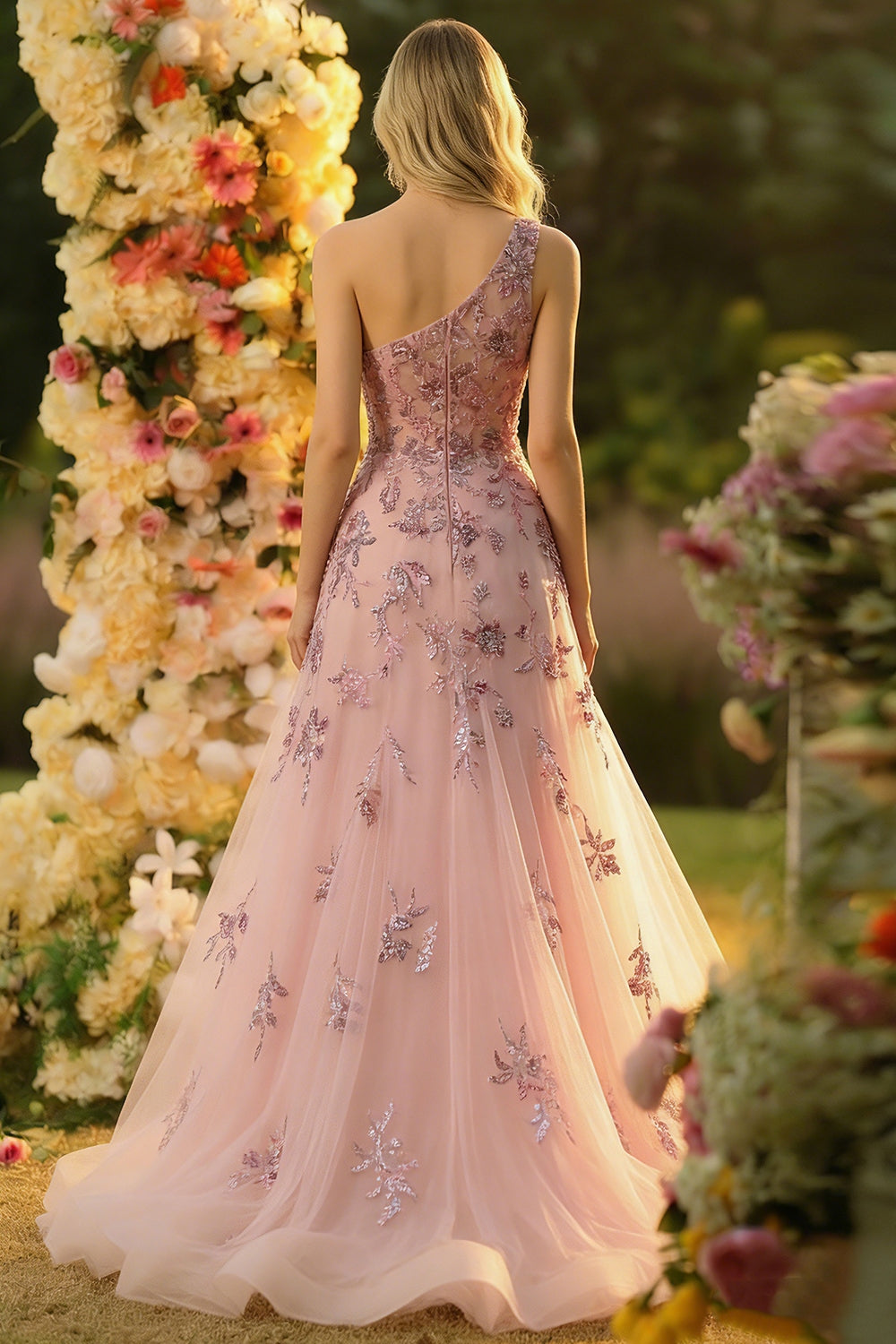 Floral Blush One Shoulder Tulle Sparkly Maxi Prom Dress with Appliques