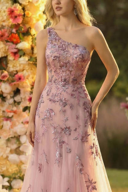 Floral Blush One Shoulder Tulle Sparkly Maxi Prom Dress with Appliques