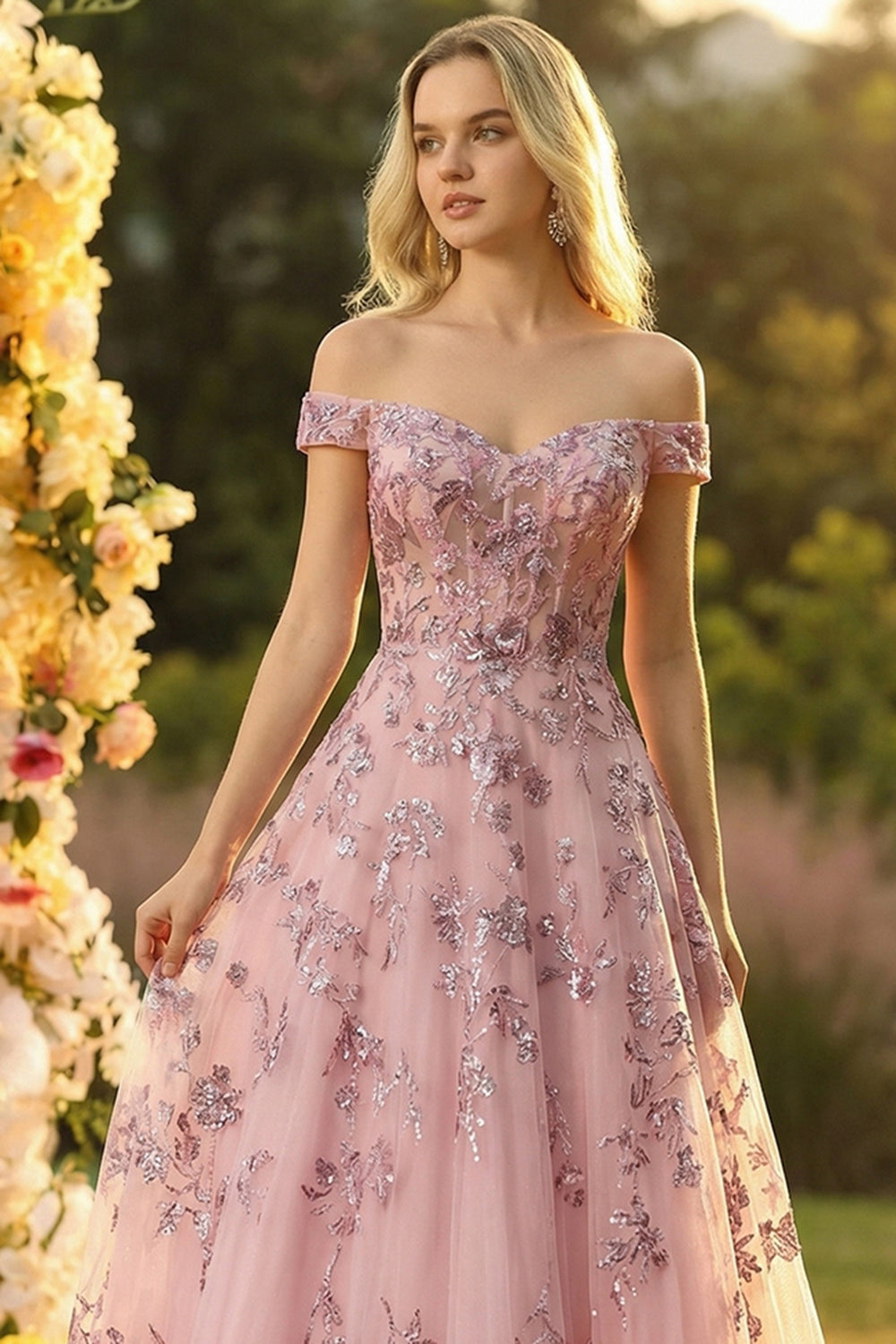 Sparkly Floral Blush Off the Shoulder Tulle Maxi Corset Prom Dress