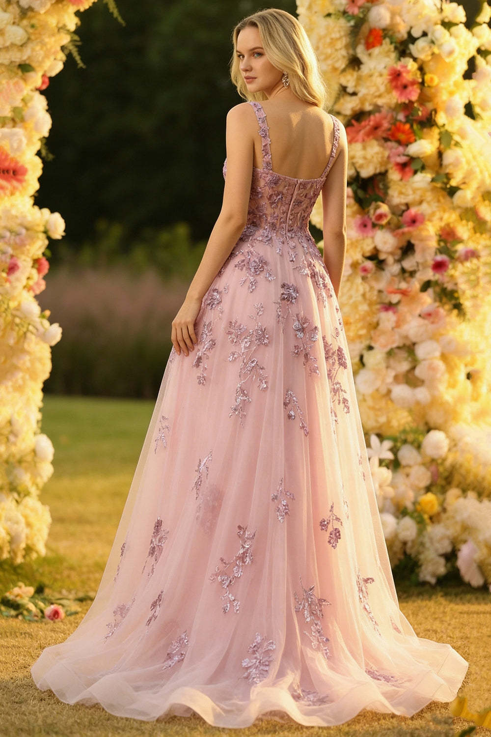 Sparkly Floral Blush Princess Backless Tulle Maxi Corset Prom Dress
