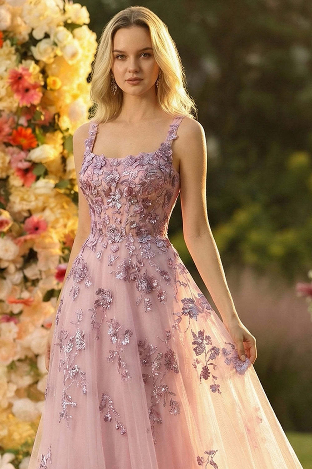 Sparkly Floral Blush Princess Backless Tulle Maxi Corset Prom Dress