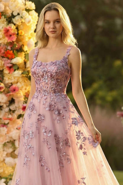 Sparkly Floral Blush Princess Backless Tulle Maxi Corset Prom Dress