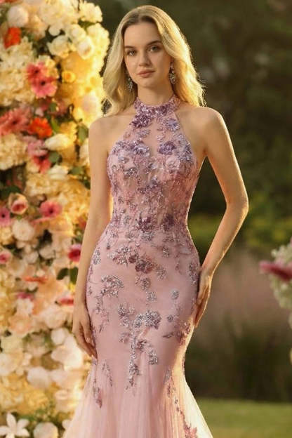 Floral Blush Tulle Sparkly Mermaid Halter Neck Maxi Prom Dress