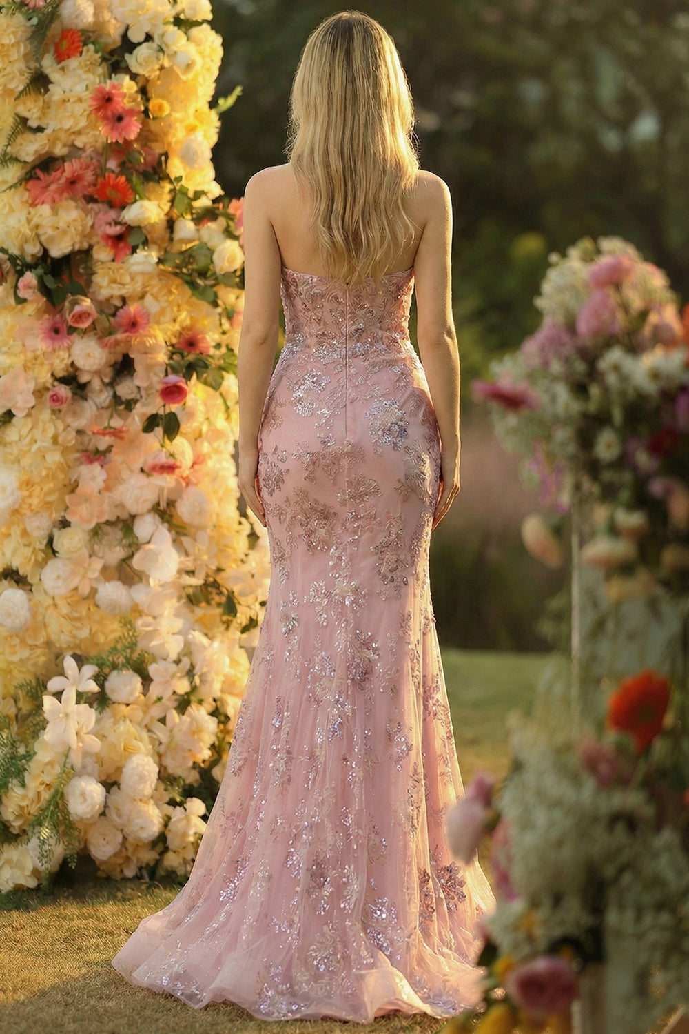 Sparkly Floral Blush Mermaid Sweetheart Maxi Corset Prom Dress with Slit