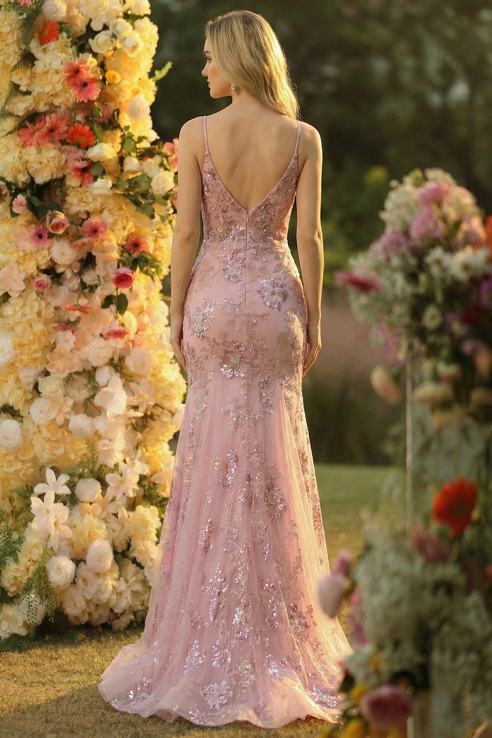 Sparkly Blush Floral Mermaid Spaghetti Straps Maxi Prom Dress