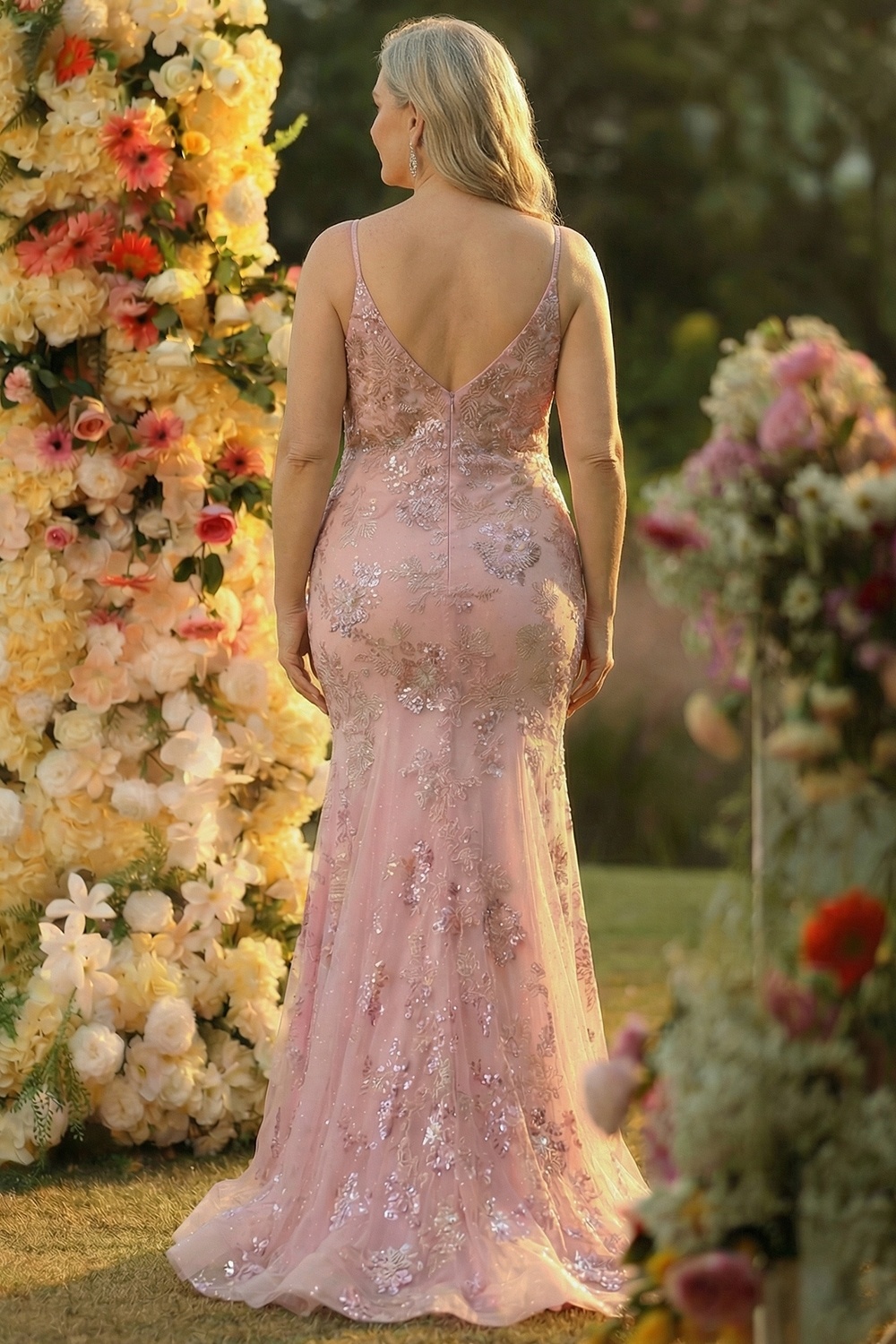 Sparkly Blush Floral Mermaid Spaghetti Straps Maxi Prom Dress