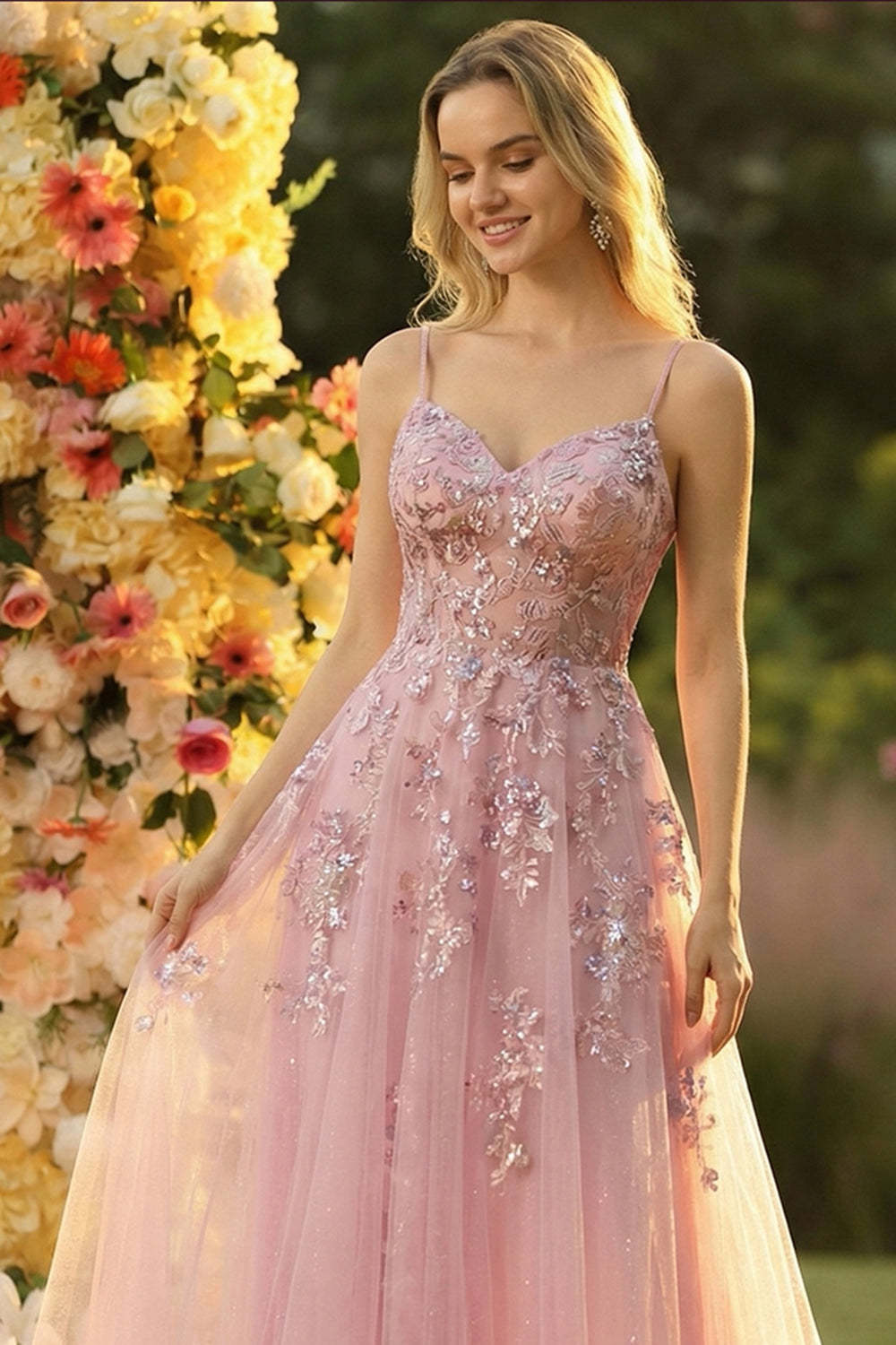 Sparkly Blush Floral Princess Spaghetti Straps Tulle Long Prom Dress