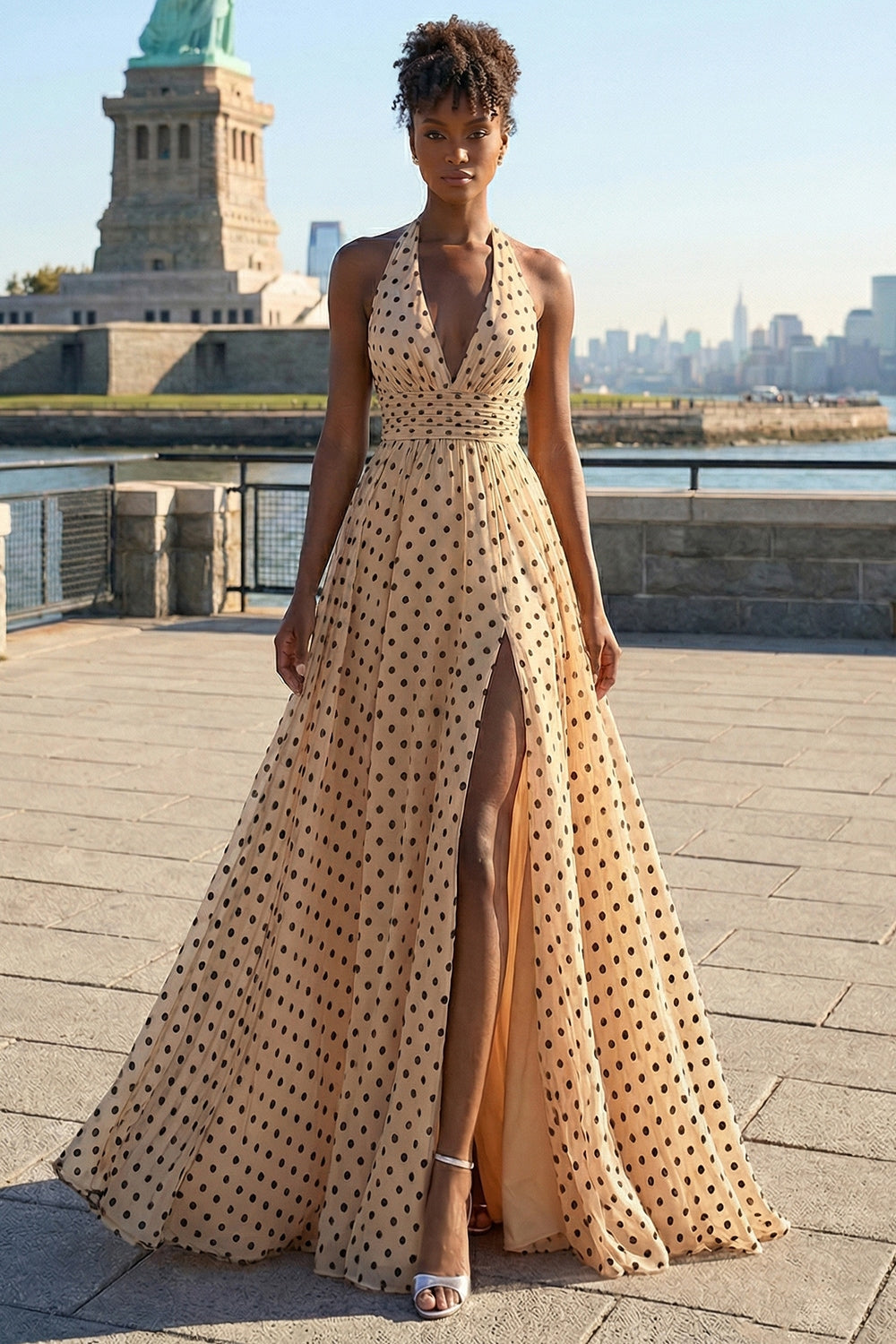 Black and Apricot Polka Dots Ball Gown Halter Neck Maxi Prom Dress with Slit