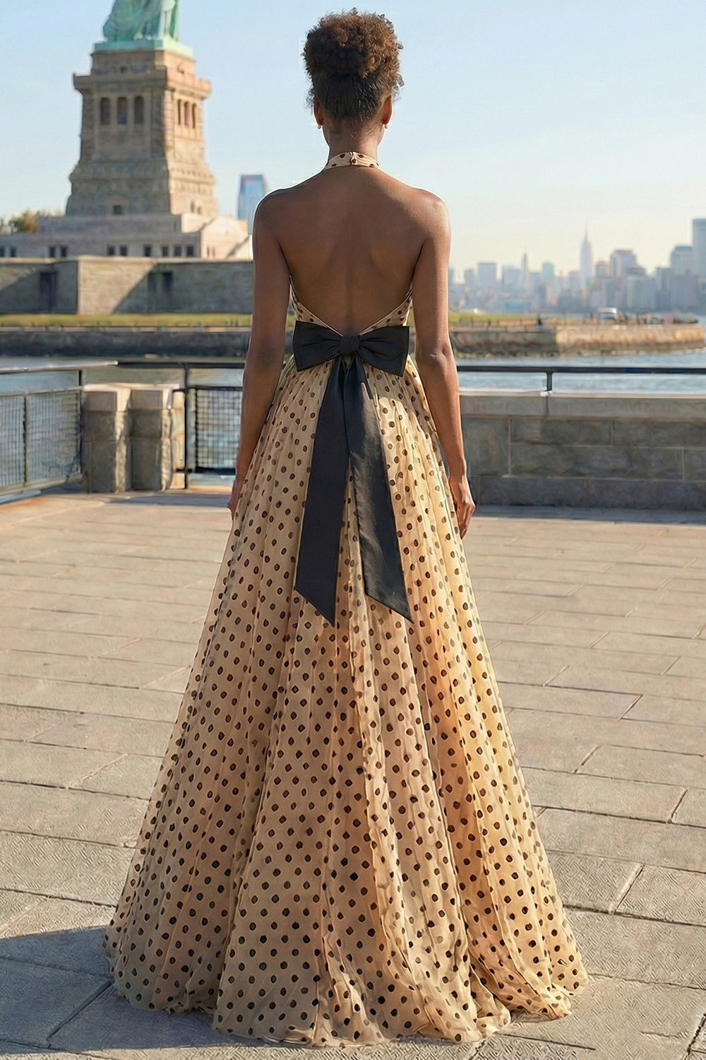 Black and Apricot Polka Dots Ball Gown Halter Neck Maxi Prom Dress with Slit