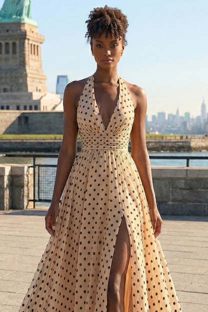Black and Apricot Polka Dots Ball Gown Halter Neck Maxi Prom Dress with Slit