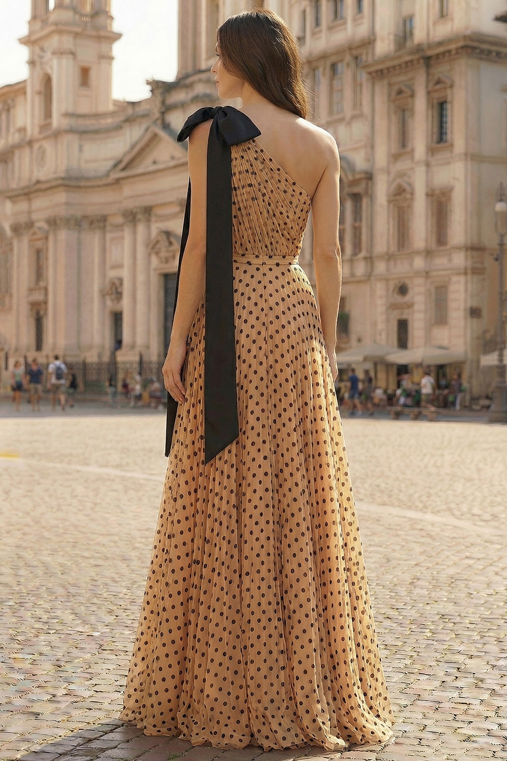 Black and Apricot Polka Dots A Line One Shoulder Maxi Prom Dress with Bow