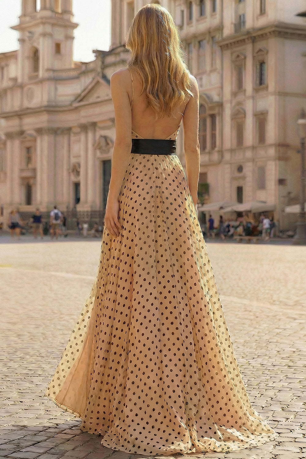 Black and Apricot Polka Dots Halter Neck A Line Maxi Prom Dress with Slit