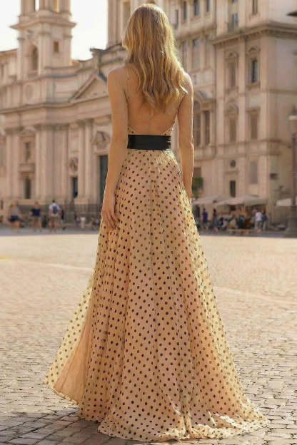 Black and Apricot Polka Dots Halter Neck A Line Maxi Prom Dress with Slit