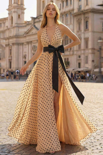 Black and Apricot Polka Dots Halter Neck A Line Maxi Prom Dress with Slit