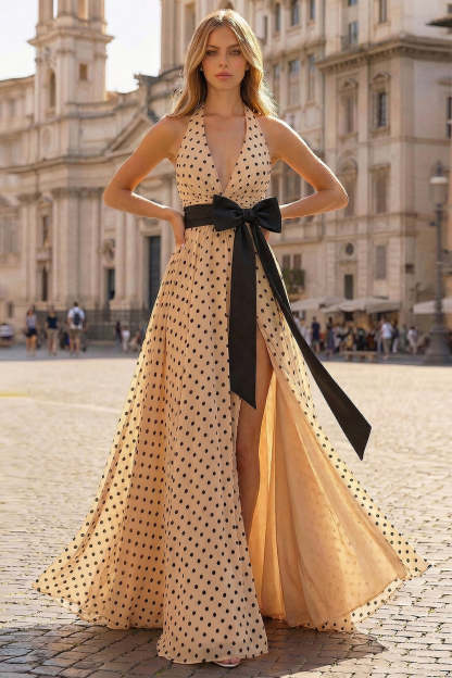 Black and Apricot Polka Dots Halter Neck A Line Maxi Prom Dress with Slit