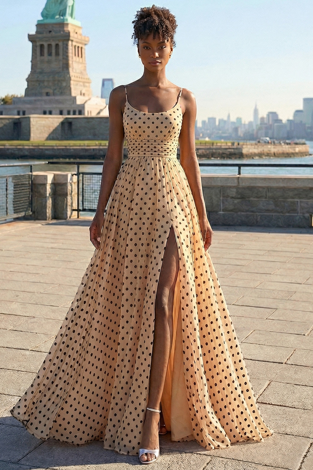 Black and Apricot Polka Dots Ball Gown Maxi Prom Dress with Slit