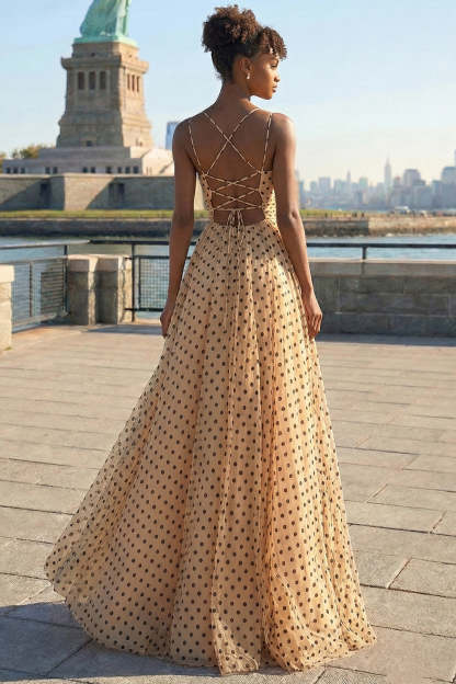 Black and Apricot Polka Dots Ball Gown Maxi Prom Dress with Slit