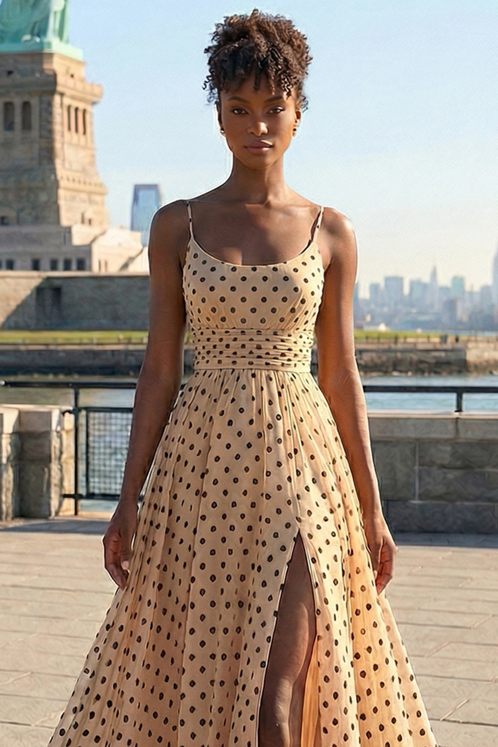 Black and Apricot Polka Dots Ball Gown Maxi Prom Dress with Slit