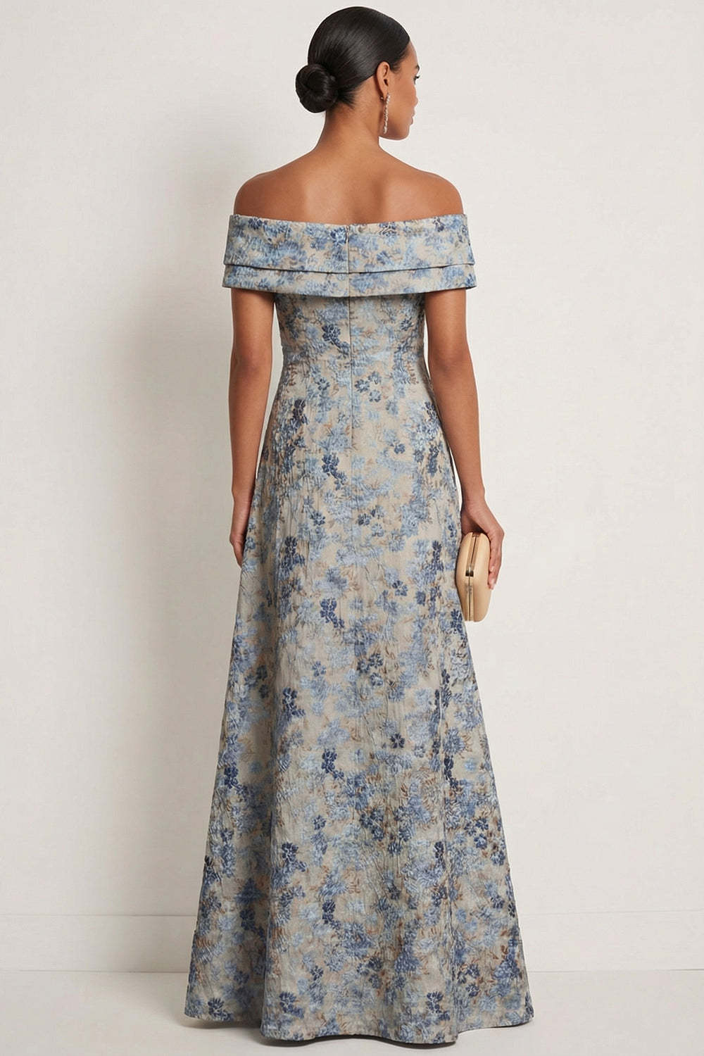 Grey Blue Floral Mermaid Jacquard Long Formal Dress