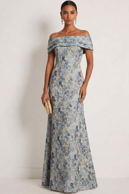 Leely Women Grey Blue Floral Mermaid Long Formal Dress Off the Shoulder Jacquard Evening Dress