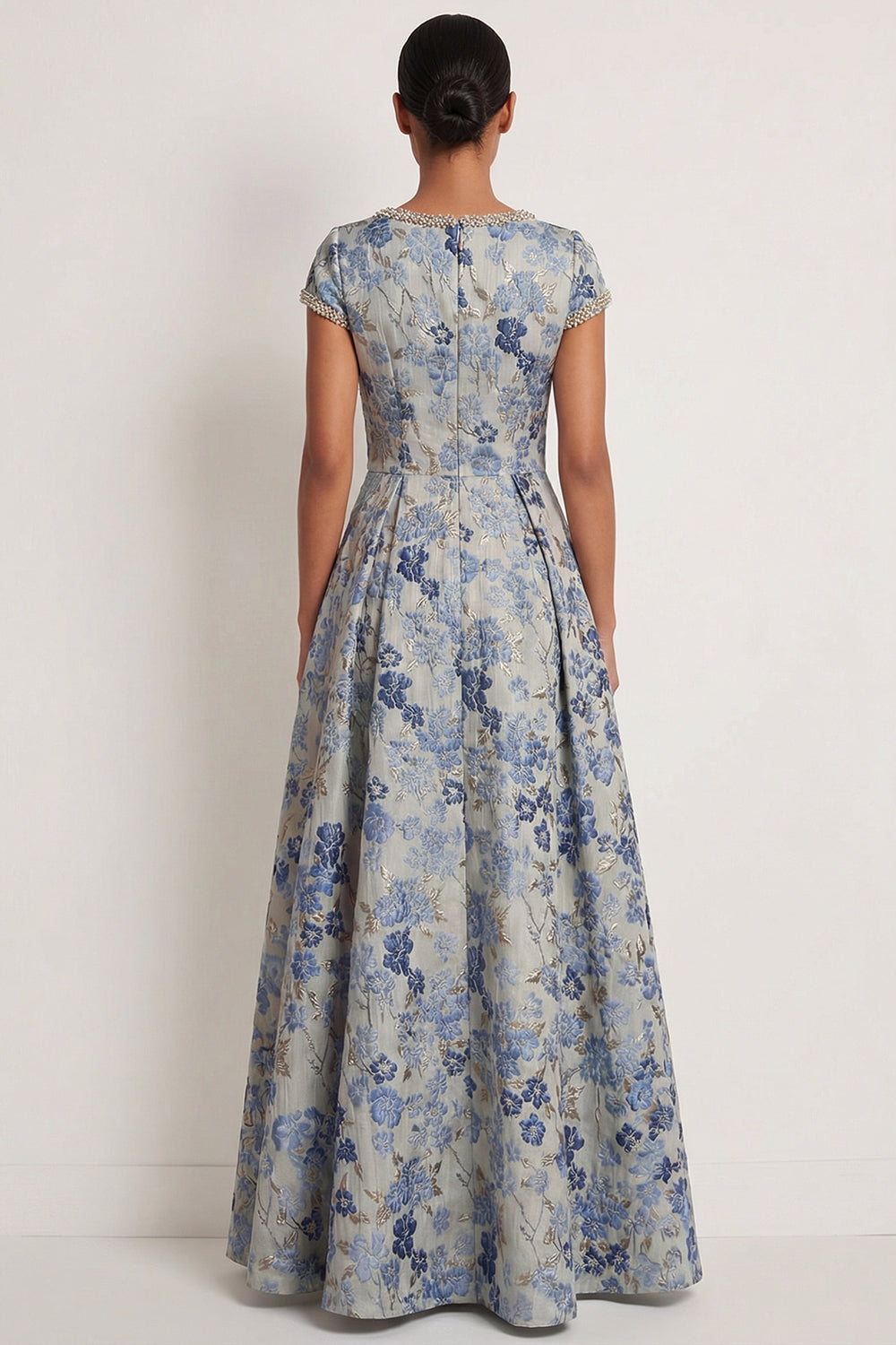 Grey Blue Floral A Line Long Formal Dress with beading