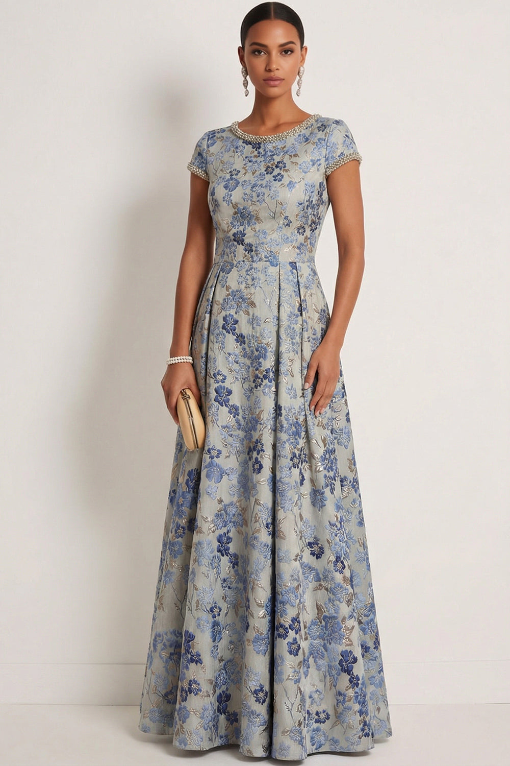 Leely Women Grey Blue Floral A Line Long Formal Dress with beading Jacquard Round Neck Evening Dress