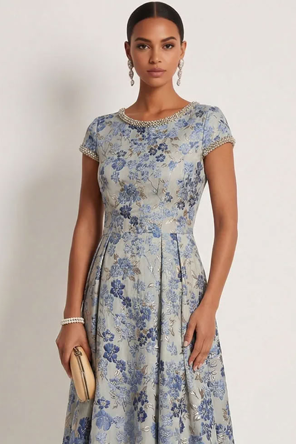 Grey Blue Floral A Line Long Formal Dress with beading