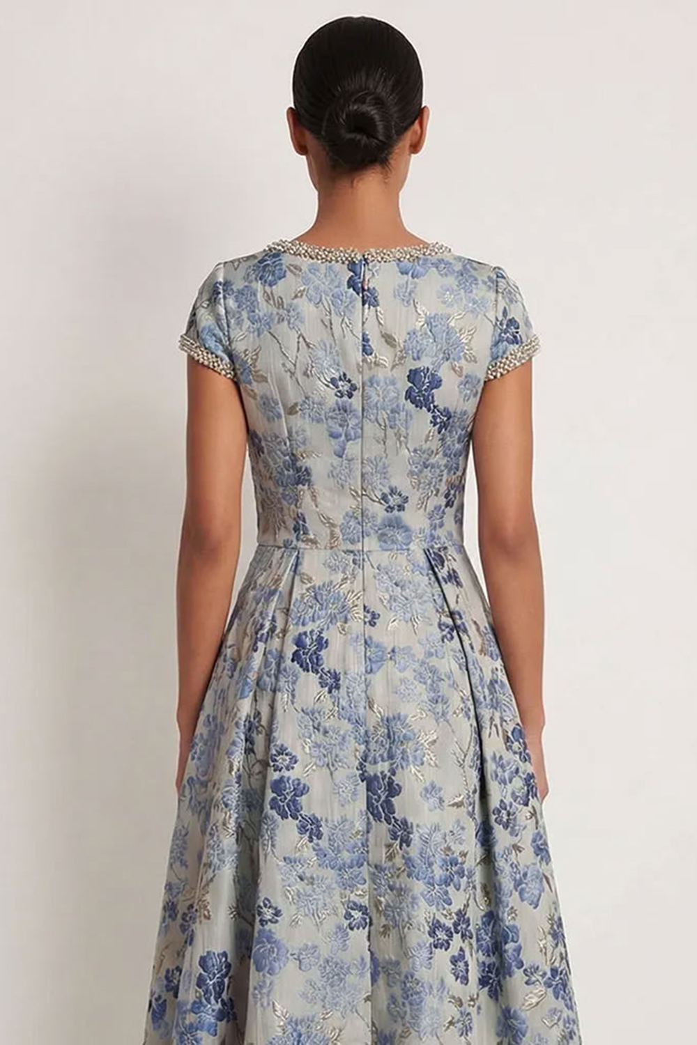 Grey Blue Floral A Line Long Formal Dress with beading