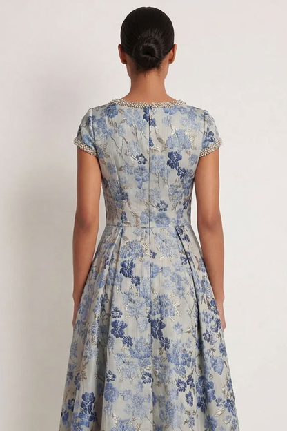 Grey Blue Floral A Line Long Formal Dress with beading