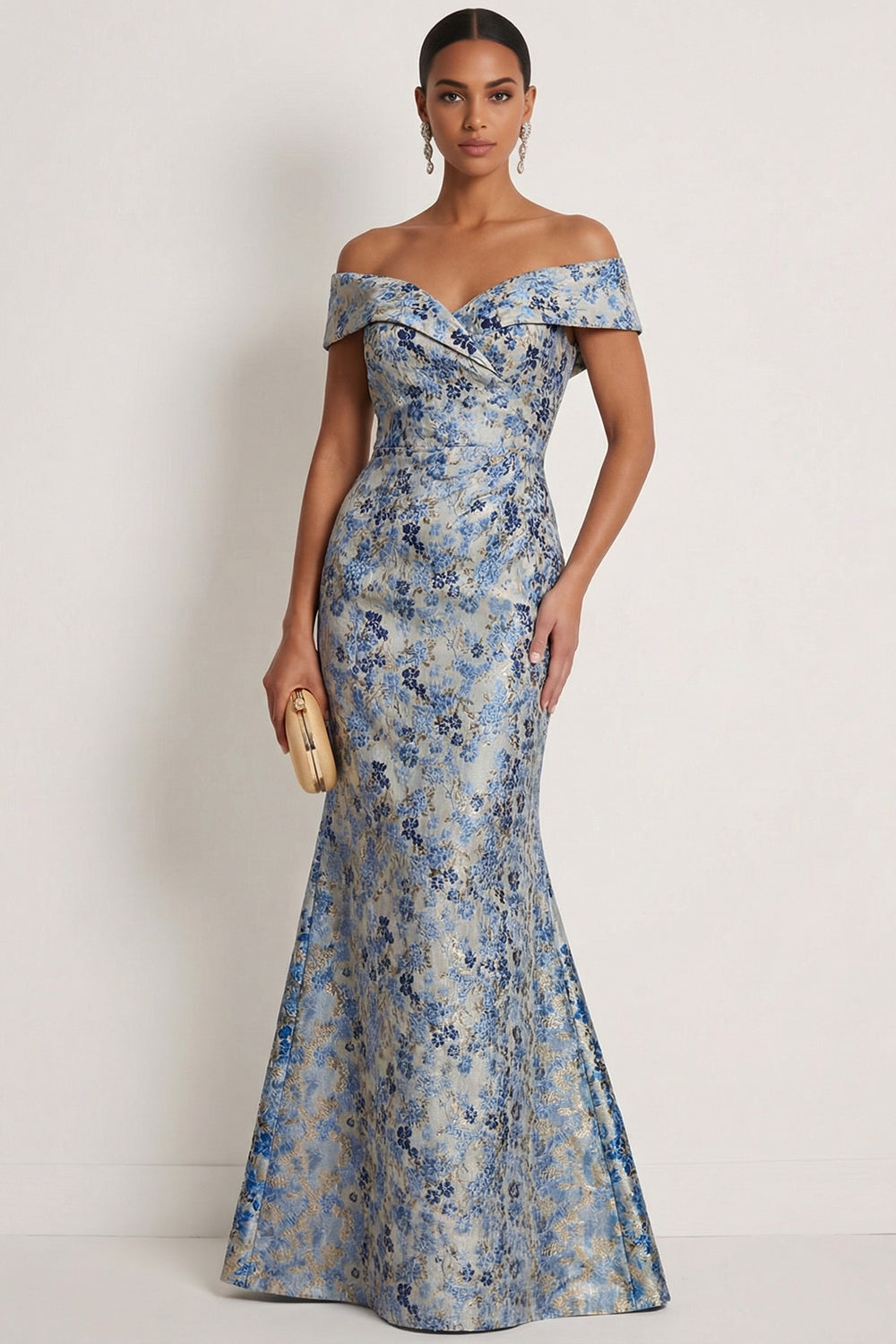 Leely Women Grey Blue Floral Mermaid Jacquard Maxi Formal Dress Off the Shoulder Backless Wedding Guest Dress