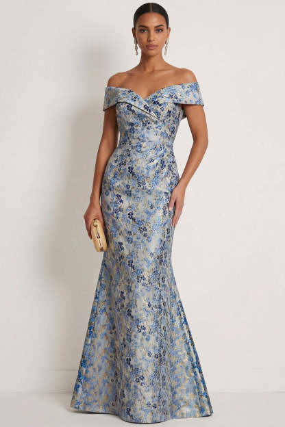 Leely Women Grey Blue Floral Mermaid Jacquard Maxi Formal Dress Off the Shoulder Backless Wedding Guest Dress