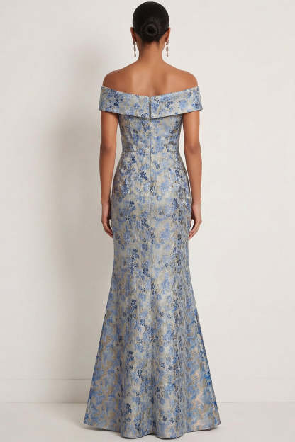 Grey Blue Floral Mermaid Jacquard Maxi Formal Dress