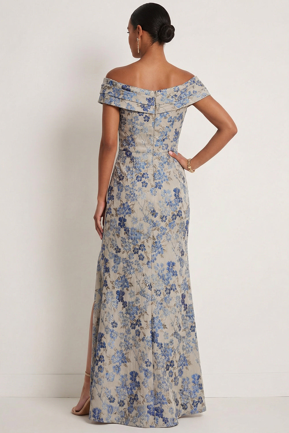 Grey Blue Floral Mermaid Jacquard Maxi Formal Dress with Slit