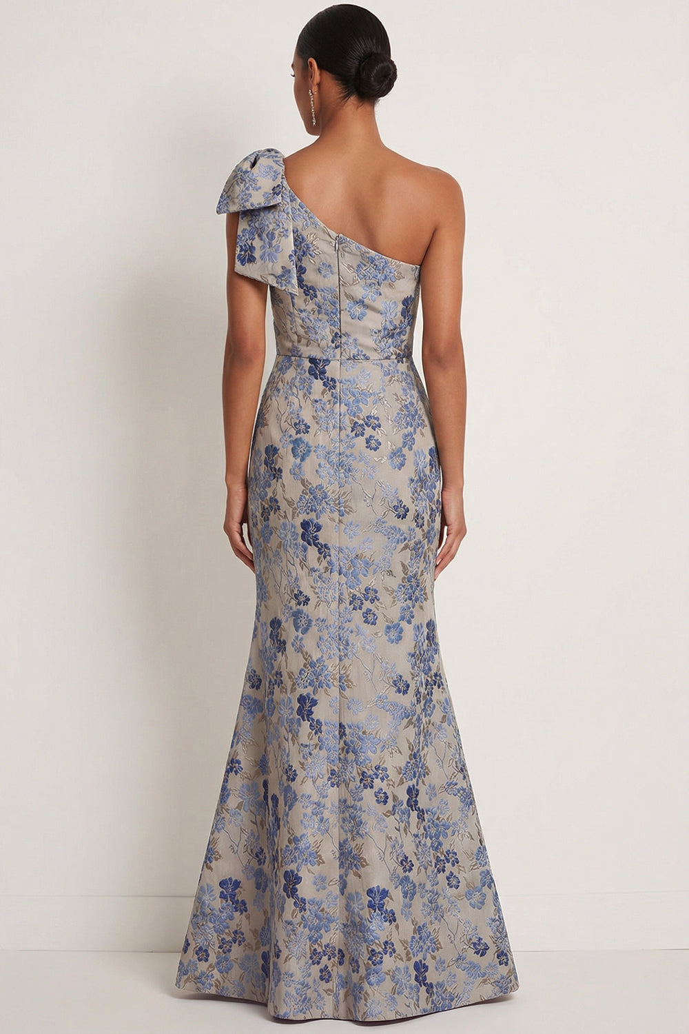 Grey Blue Floral Mermaid Jacquard One Shoulder Maxi Formal Dress