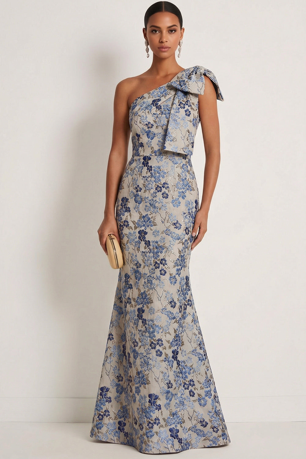 Leely Women Grey Blue Floral Mermaid Jacquard Maxi Formal Dress One Shoulder Backless Evening Dress with Bow