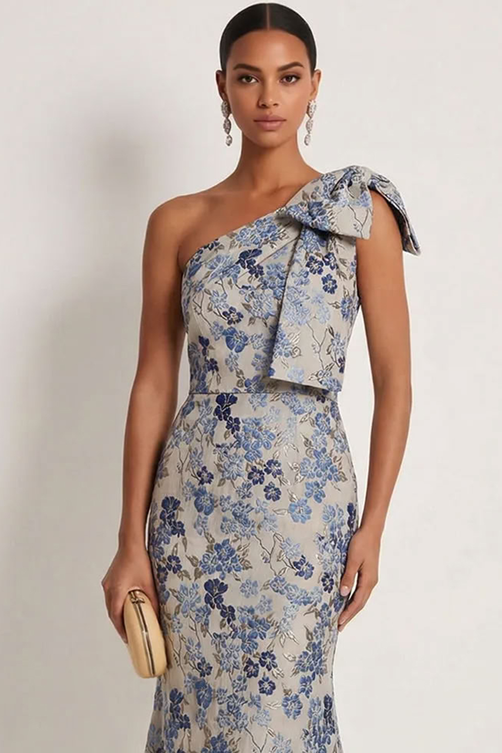 Grey Blue Floral Mermaid Jacquard One Shoulder Maxi Formal Dress