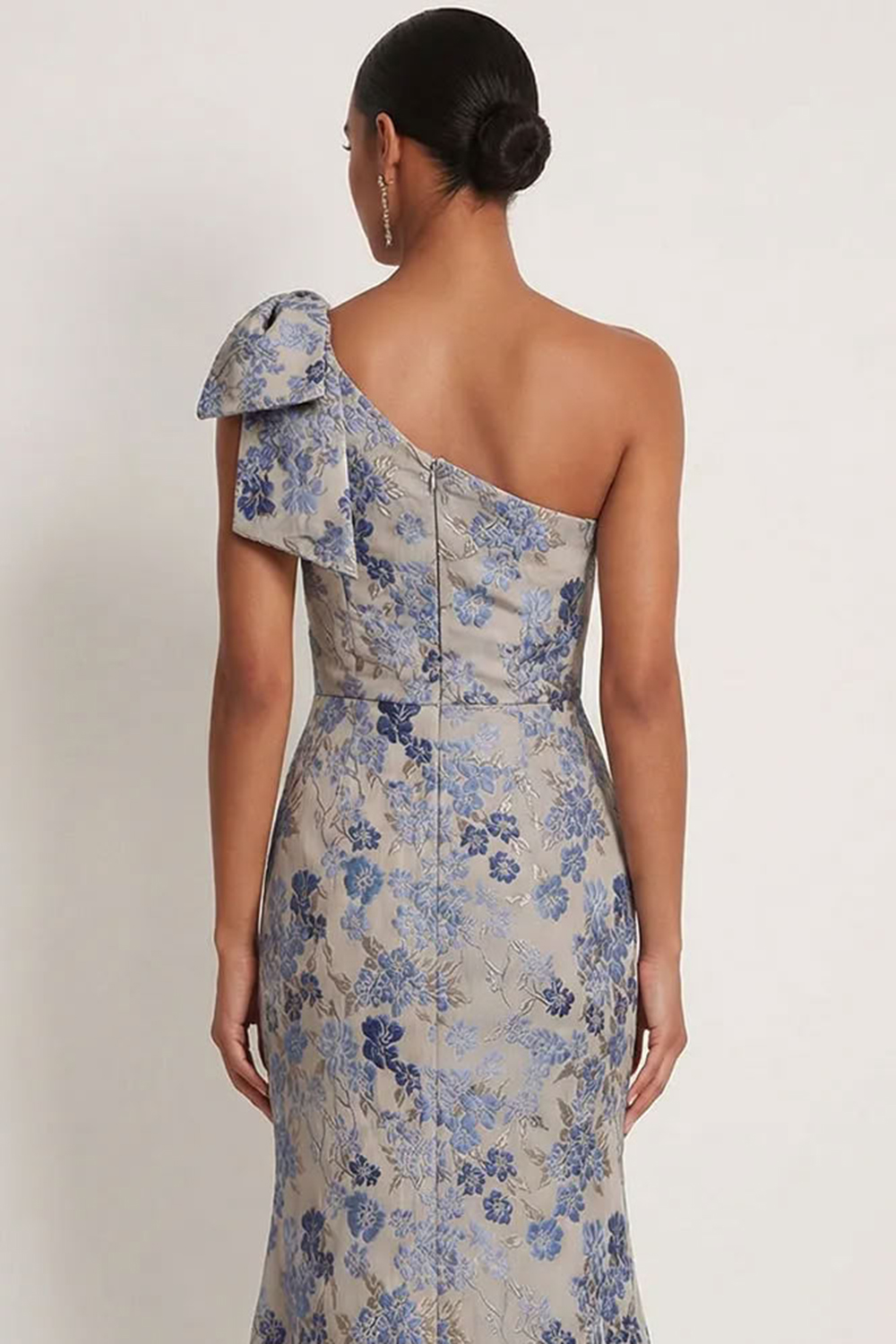 Grey Blue Floral Mermaid Jacquard One Shoulder Maxi Formal Dress